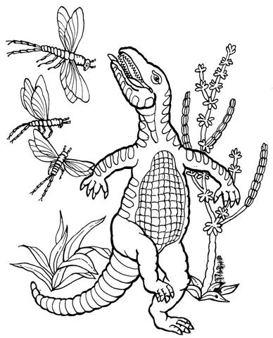 Thecodont And Meganeuras Coloring Page